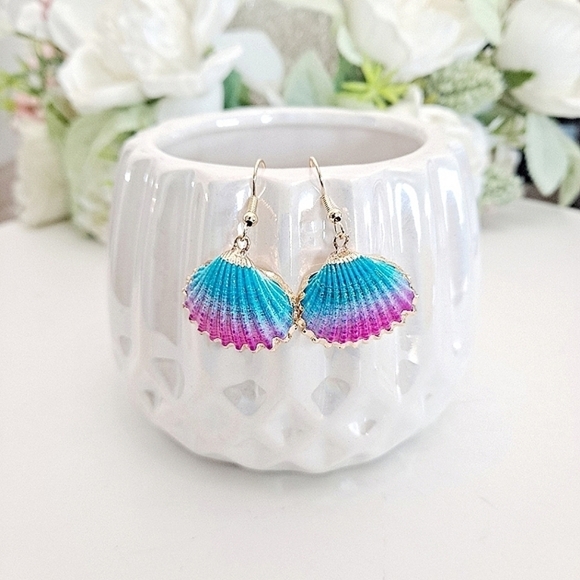 💖 2/$30 Gold blue pink seashell boho mermaid beach tropical statement earrings - Picture 1 of 13